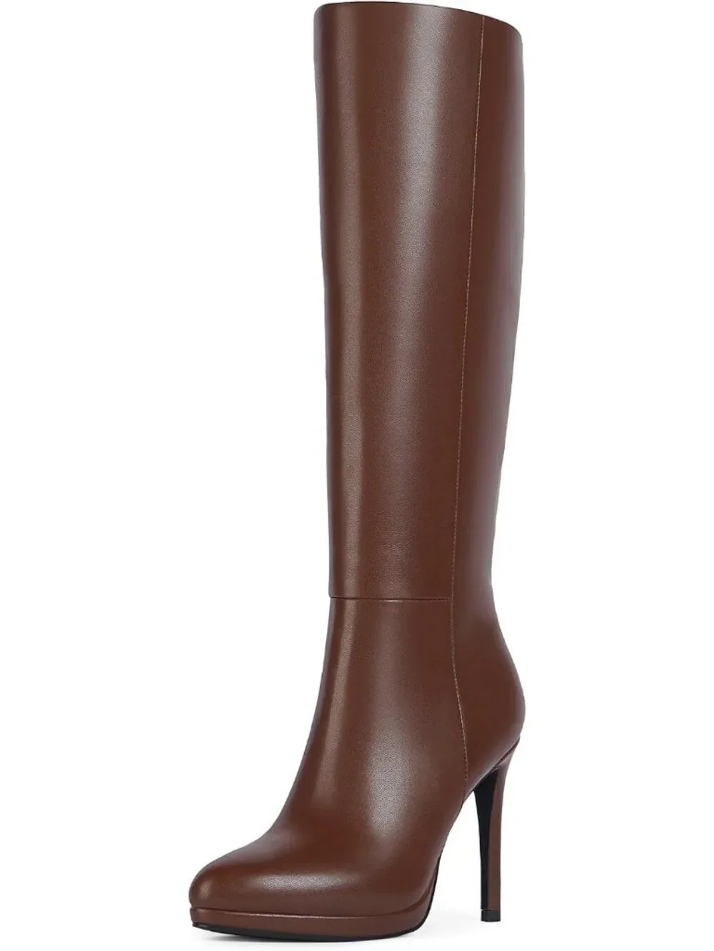 Women's Brown Pu2 Round Toe Stiletto Heels Fall Tall Platforms Boots Side Zipper